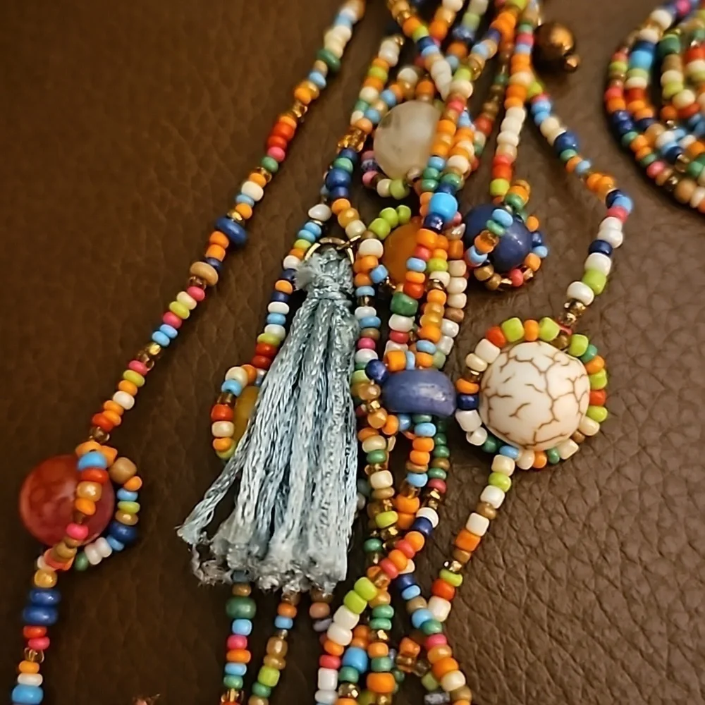 CHICO'S Hagen 9 Festive Rainbow Beaded Tassel Multi-strand Boho Fiesta Necklace